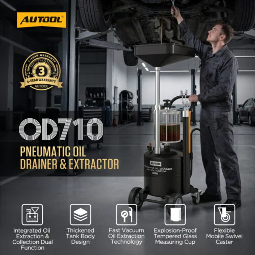 Mechanic uses the AUTool OD710 beneath a raised vehicle, with icons highlighting extraction, tank, vacuum, measuring cup and caster features.