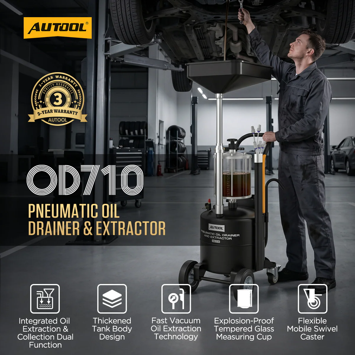 AUTOOL OD710 pneumatic waste oil drainer main product image with large oil pan adjustable height 70 liter tank sight window and swivel casters