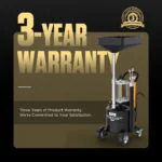 AUTool OD710 product graphic announcing a three-year warranty with the complete oil drainer shown on a dark background.