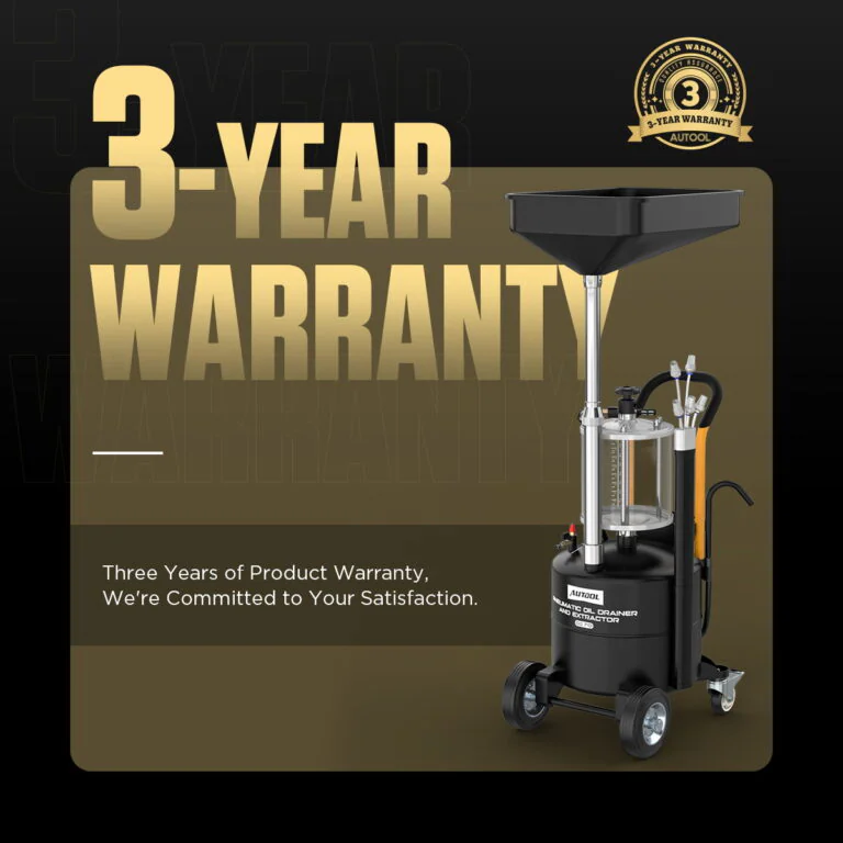 AUTool OD710 product graphic announcing a three-year warranty with the complete oil drainer shown on a dark background.