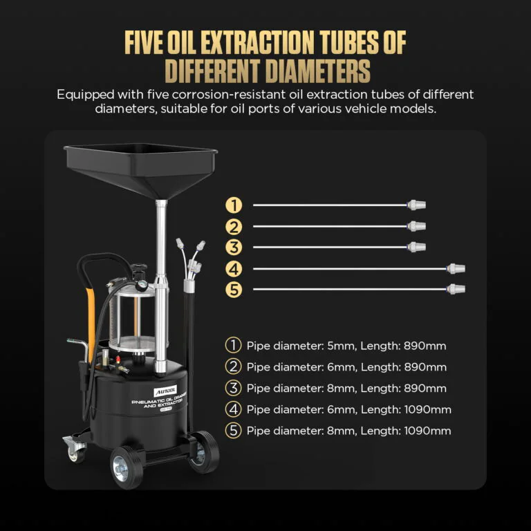 AUTool OD710 shown with five oil extraction tubes in different diameters and lengths for different vehicle oil ports.