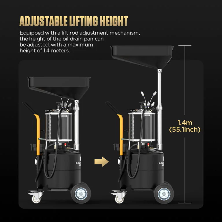 AUTool OD710 shown at two drain-pan heights, demonstrating an adjustable maximum lifting height of 1.4 meters.