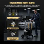 Mechanic moves the AUTool OD710 in a workshop while callouts show easy movement, 360-degree swivel casters and a brake lock.