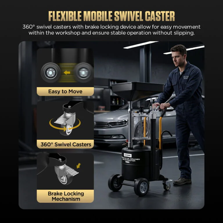 Mechanic moves the AUTool OD710 in a workshop while callouts show easy movement, 360-degree swivel casters and a brake lock.