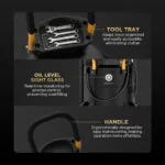 Close-up feature panels show the AUTool OD710 tool tray, oil-level sight glass and ergonomic push handle.