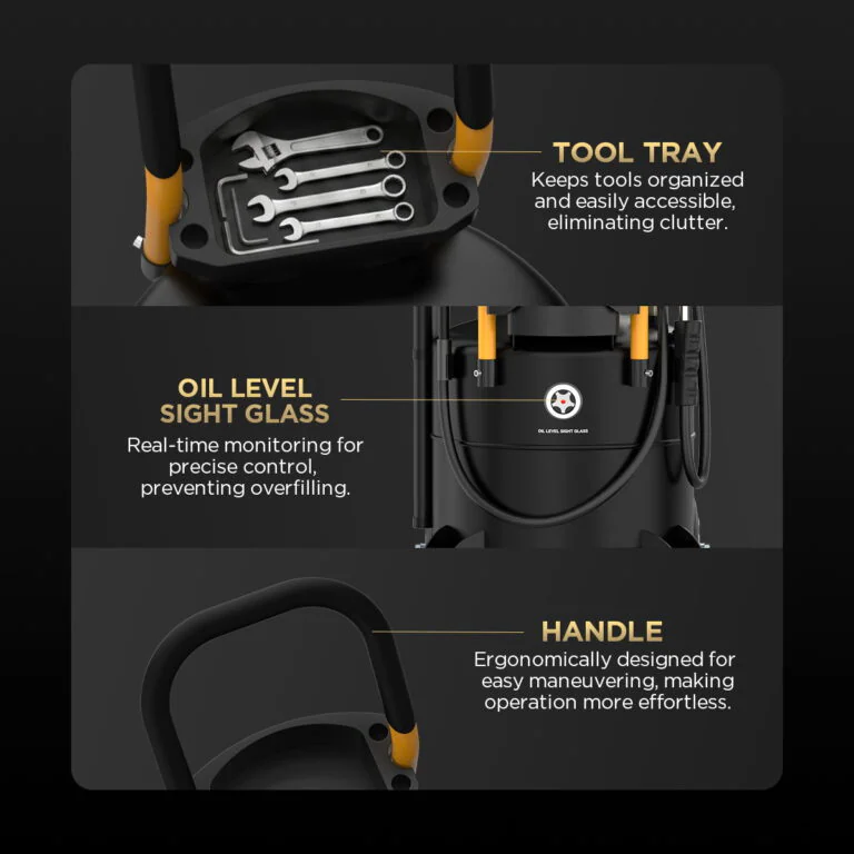 Close-up feature panels show the AUTool OD710 tool tray, oil-level sight glass and ergonomic push handle.