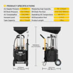 AUTool OD710 specification chart with air pressure, tank capacity, measuring cup capacity, weight and overall product dimensions.