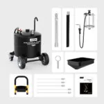 AUTool OD710 package contents arranged on a light background, including the tank base, drain pan, tubes, handle, measuring cup assembly and manual.