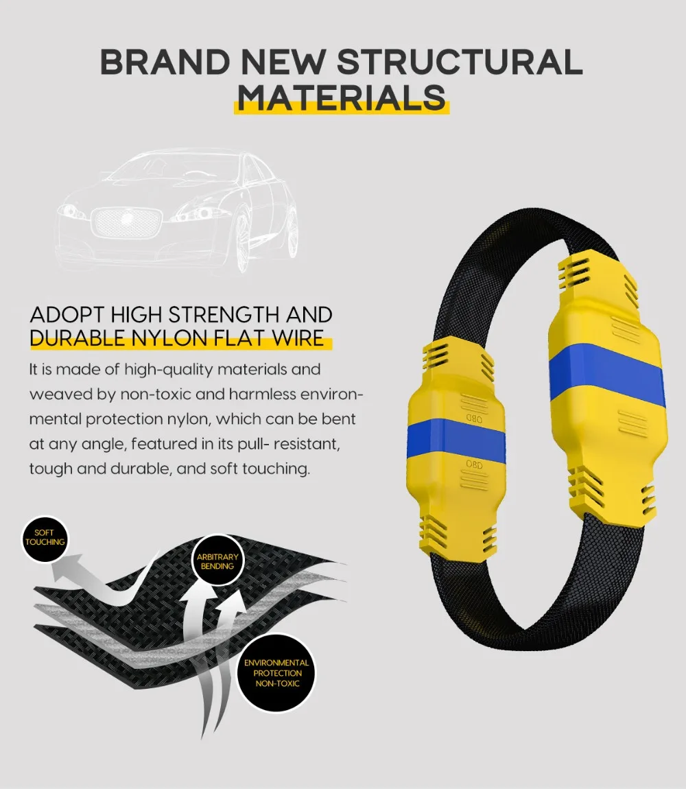 AUTOOL OBD2 extension cable high strength durable nylon flat wire material