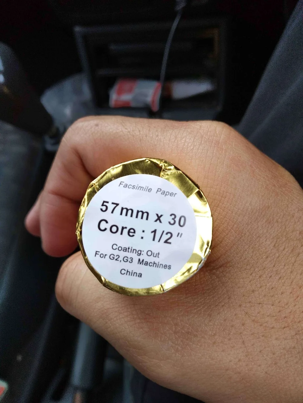 Thermal printer paper label showing 57mm x 30 size and 1/2 inch core