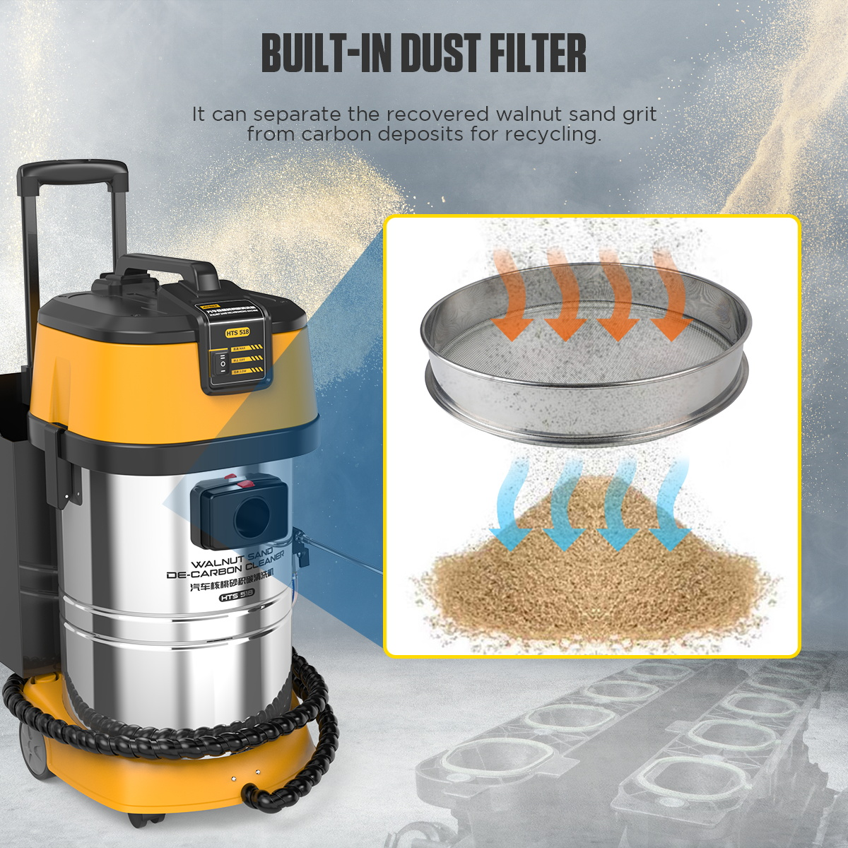 AUTOOL HTS518 built-in dust filter separates walnut sand grit from carbon deposits