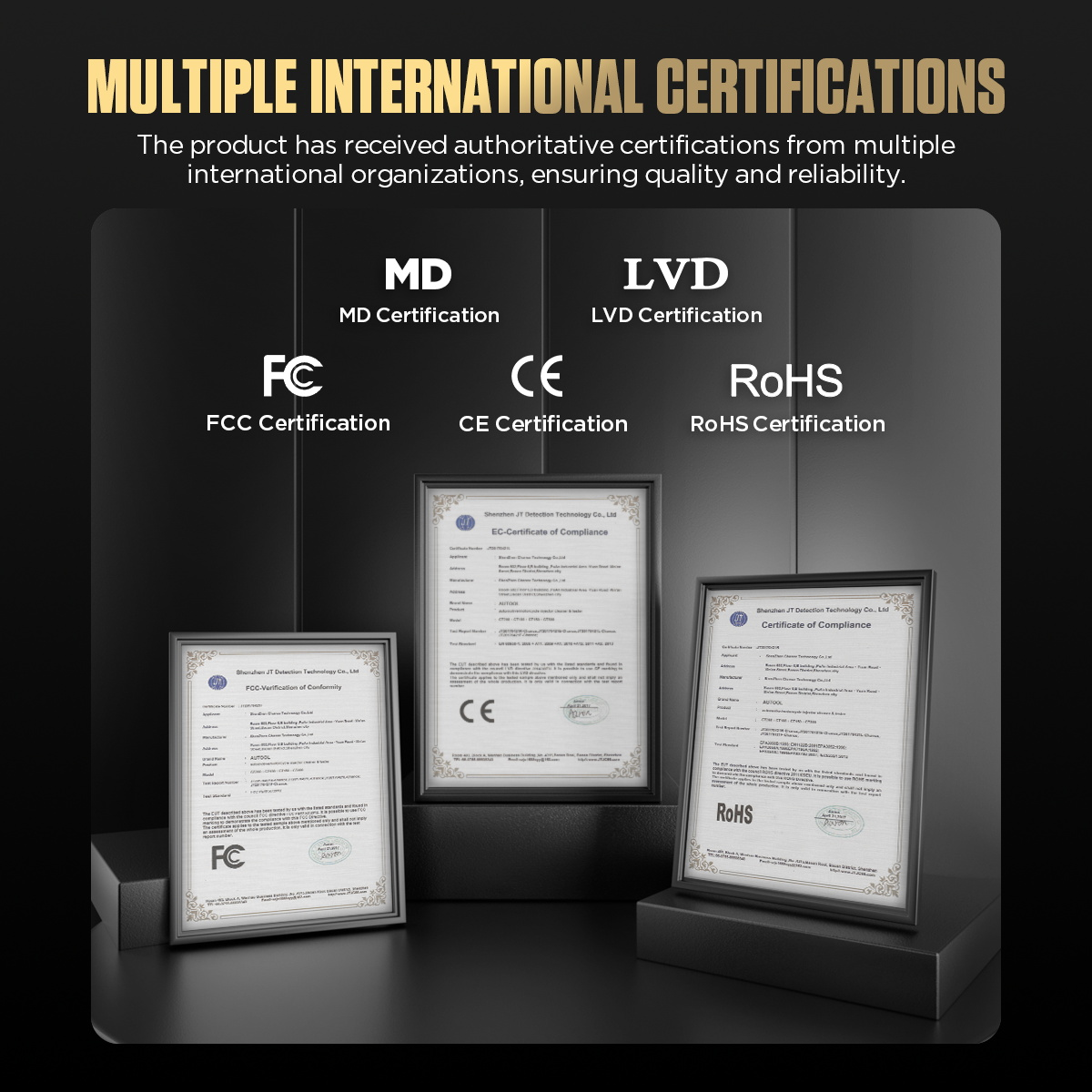 AUTOOL C350 certification marks including MD LVD FCC CE and RoHS