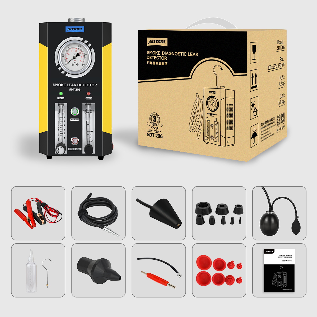 AUTOOL SDT206 packing list with main unit retail box power cable smoke hose adapters rubber kits oil bottle EVAP accessories and manual