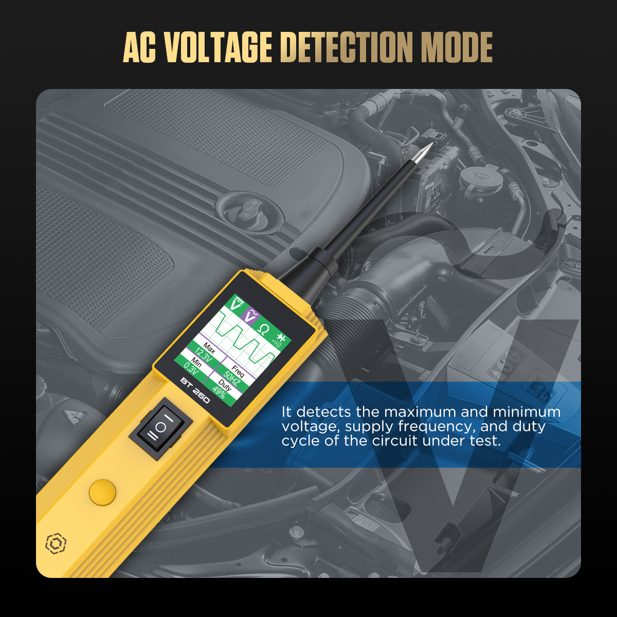 AUTOOL BT260 AC voltage detection mode image showing max min frequency and duty cycle