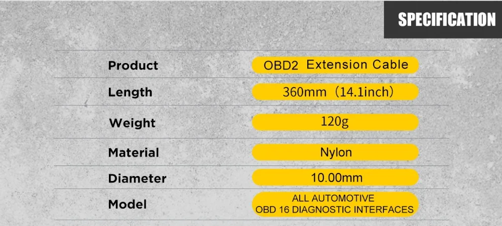 AUTOOL OBD2 extension cable specification image showing length weight material and diameter