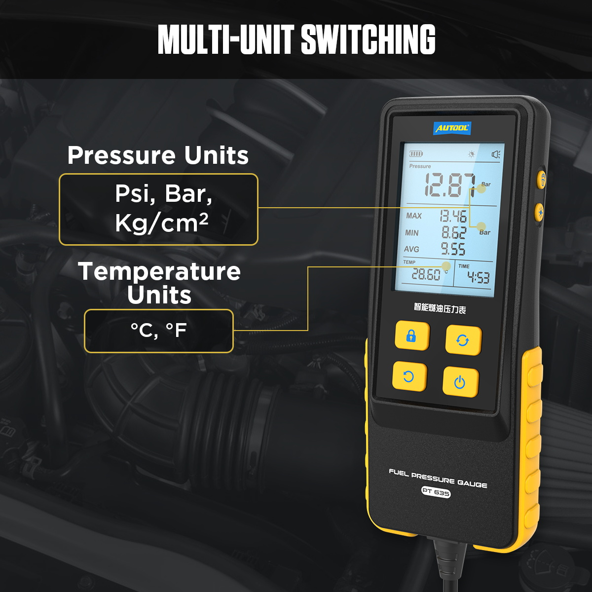 AUTOOL PT635 multi-unit switching for PSI bar kg per square centimeter Celsius and Fahrenheit