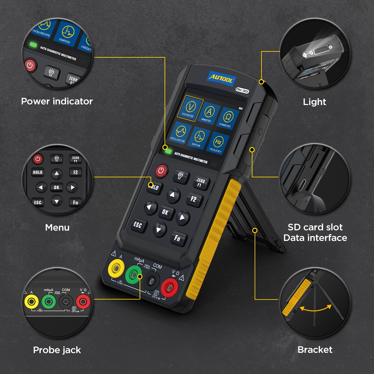 AUTOOL DM301 product details including power indicator menu light SD card slot data interface probe jack and bracket