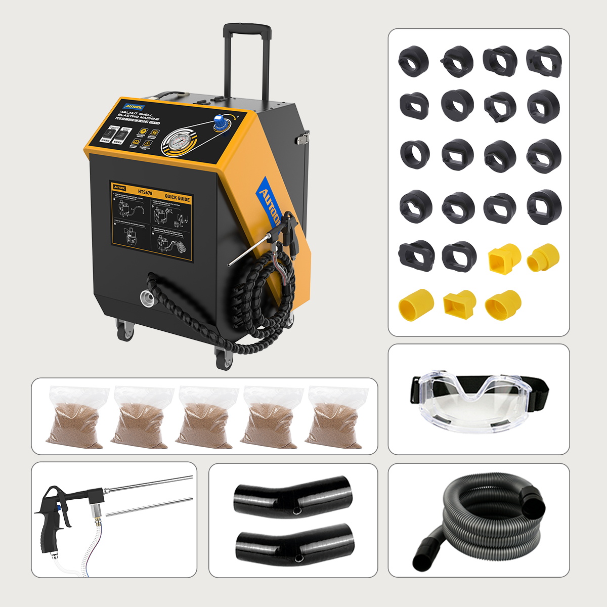 AUTOOL HTS678 packing list with main unit adapters goggles blasting gun hoses bends and walnut media bags