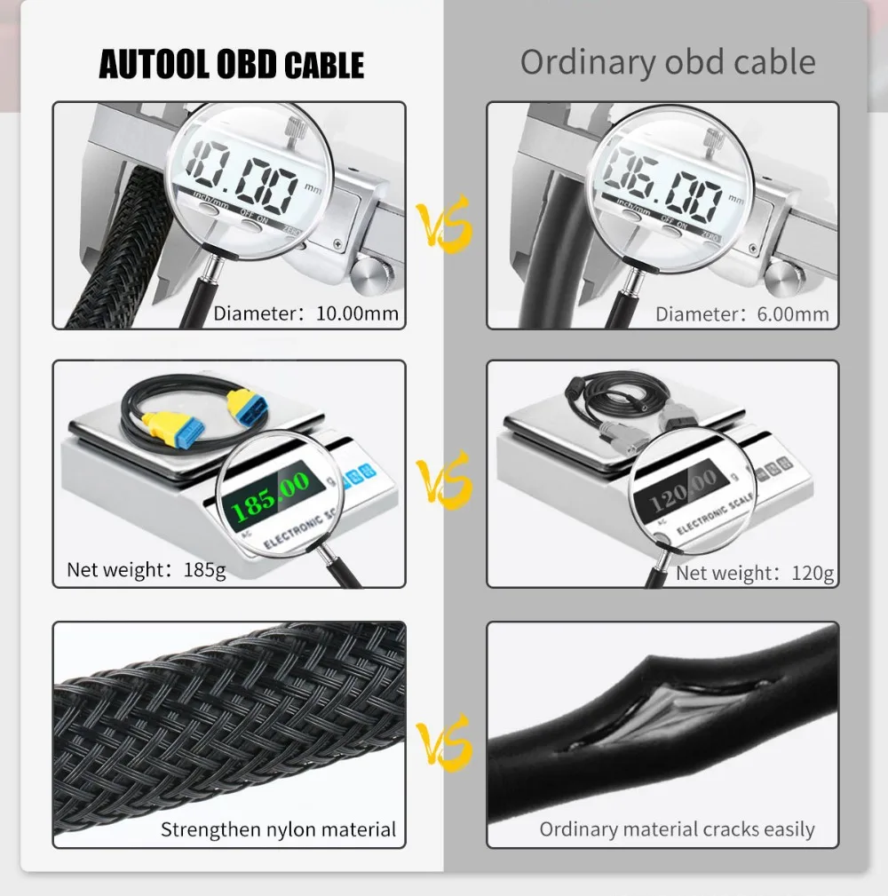 AUTOOL OBD cable comparison showing 10mm diameter 185g weight and strengthened nylon material