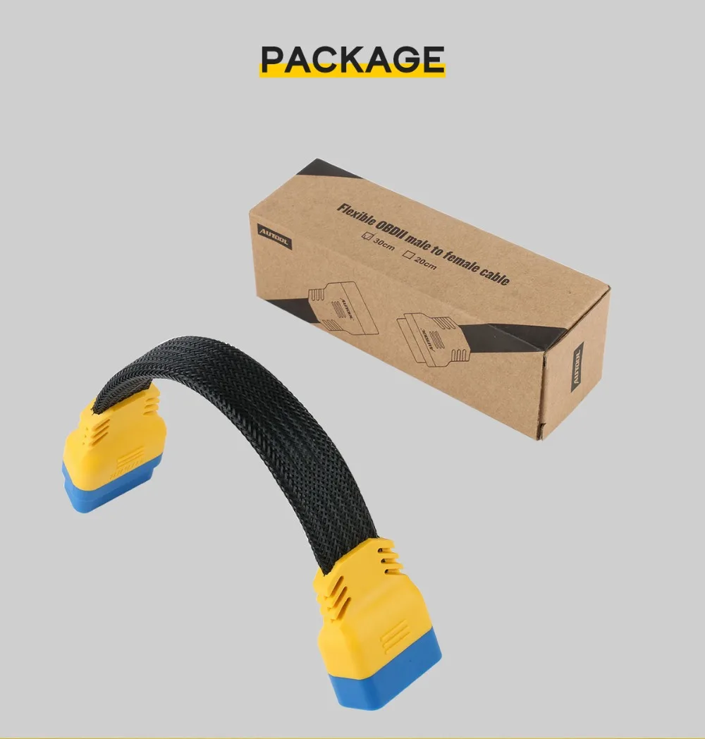AUTOOL flexible OBD2 male to female cable package with 20cm and 30cm length options shown