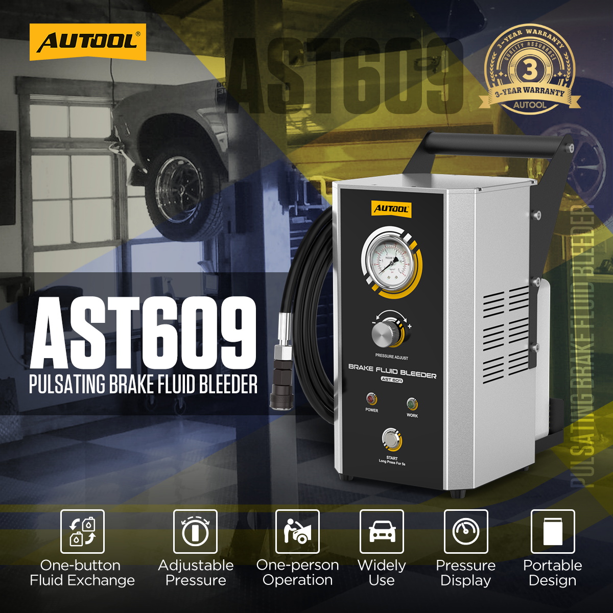 AUTOOL AST609 pulsating brake fluid bleeder main product image with one-button fluid exchange adjustable pressure and pressure display