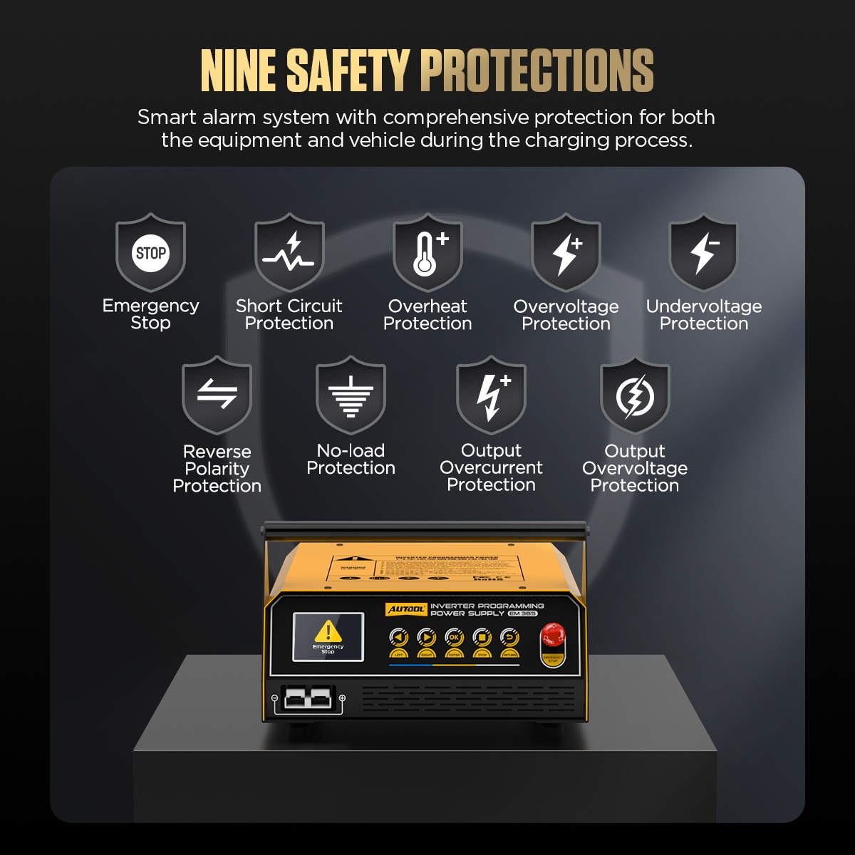 AUTOOL EM365 nine safety protections including emergency stop short circuit and overheat protection
