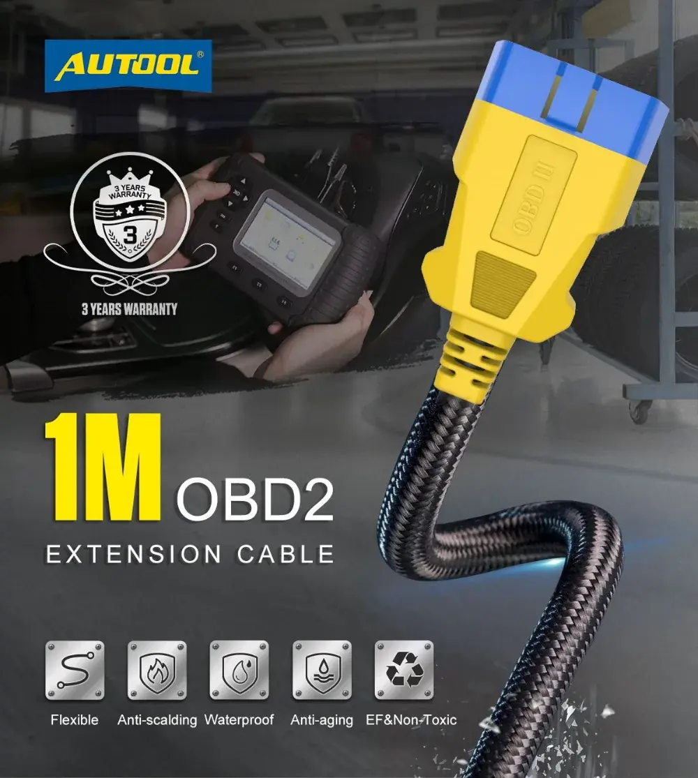 AUTOOL 1M OBD2 extension cable main product image with 16-pin connector and nylon braided sleeve