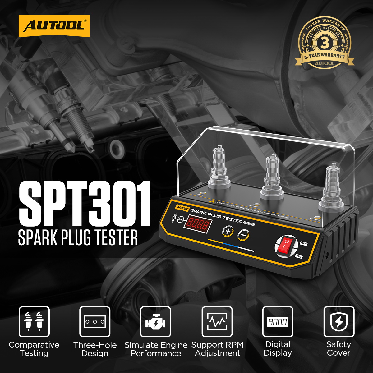 AUTOOL SPT301 spark plug tester main product image with three-hole design 9000 RPM digital display and safety cover