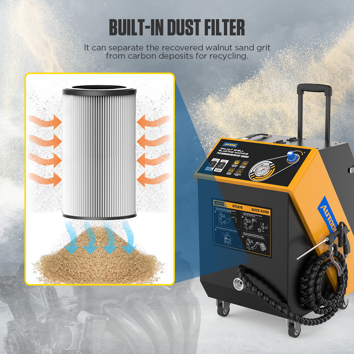 AUTOOL HTS678 built-in dust filter separates walnut sand grit from carbon deposits