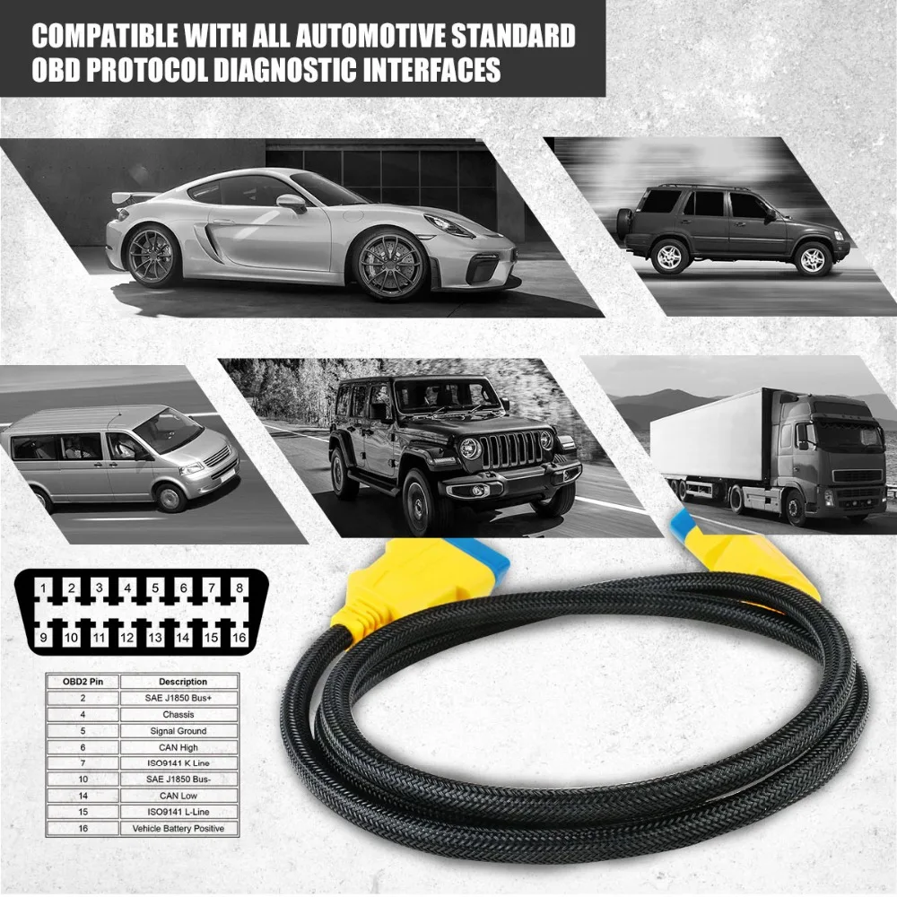 AUTOOL OBD2 extension cable compatible with standard automotive OBD diagnostic interfaces