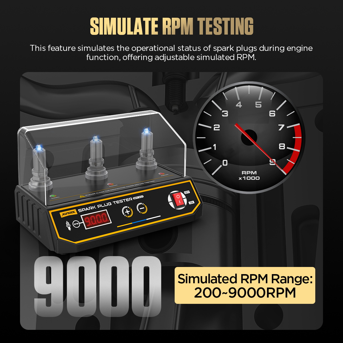 AUTOOL SPT301 simulated RPM testing range 200 to 9000 RPM