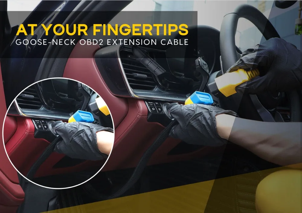 AUTOOL OBD2 extension cable connected inside a vehicle for easier access