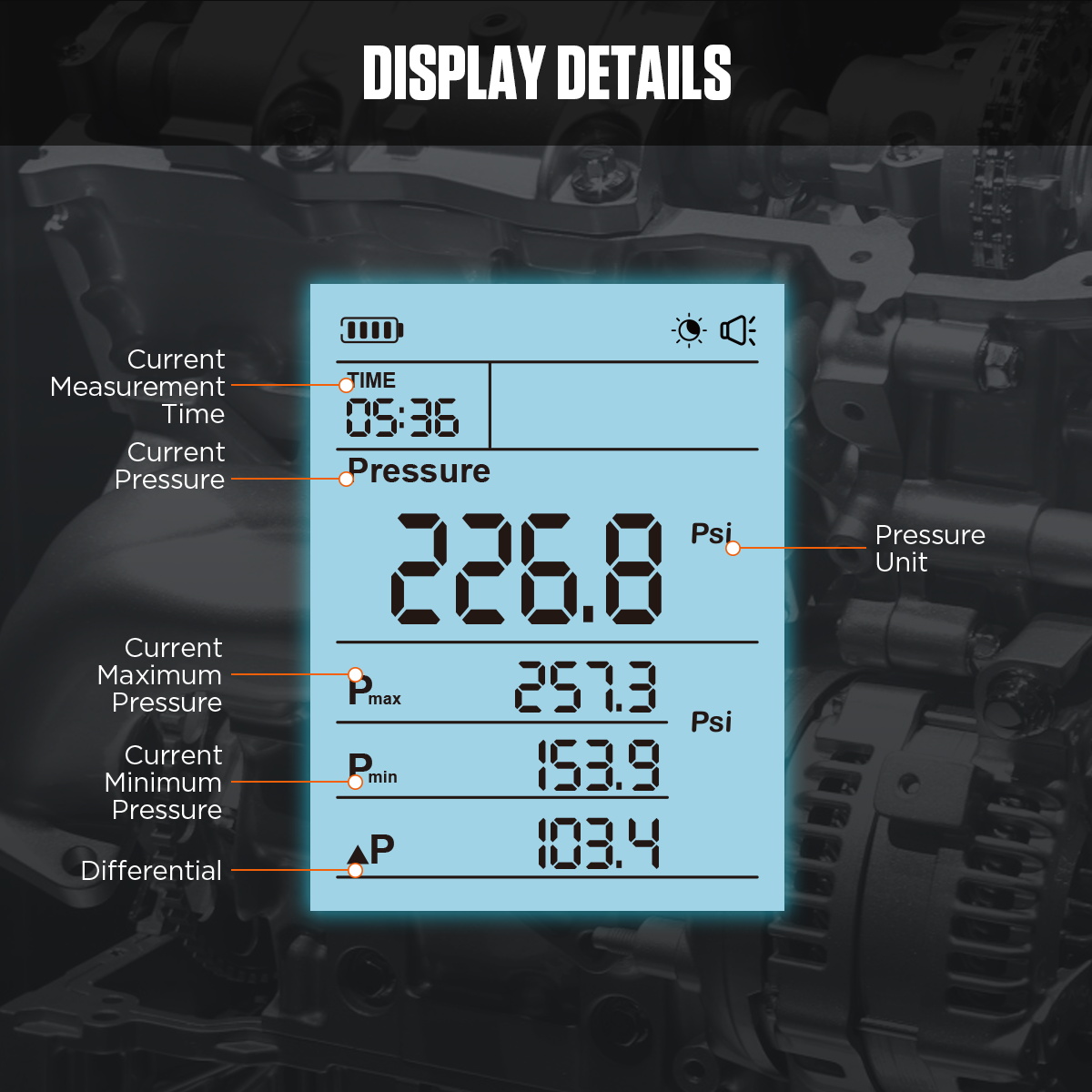AUTOOL PT640 display interface showing pressure, max, min and differential data