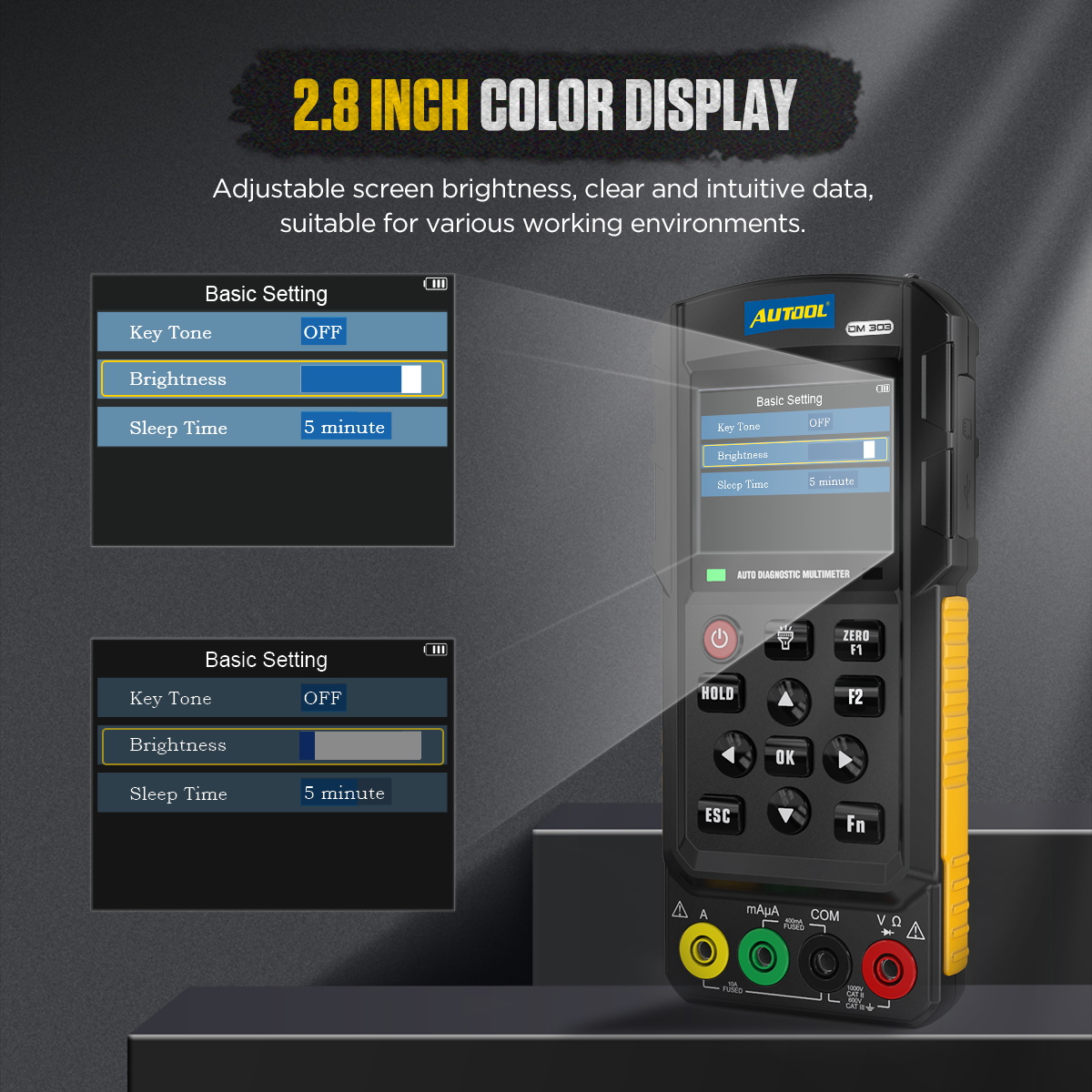 AUTOOL DM303 2.8 inch color display with brightness and sleep time settings