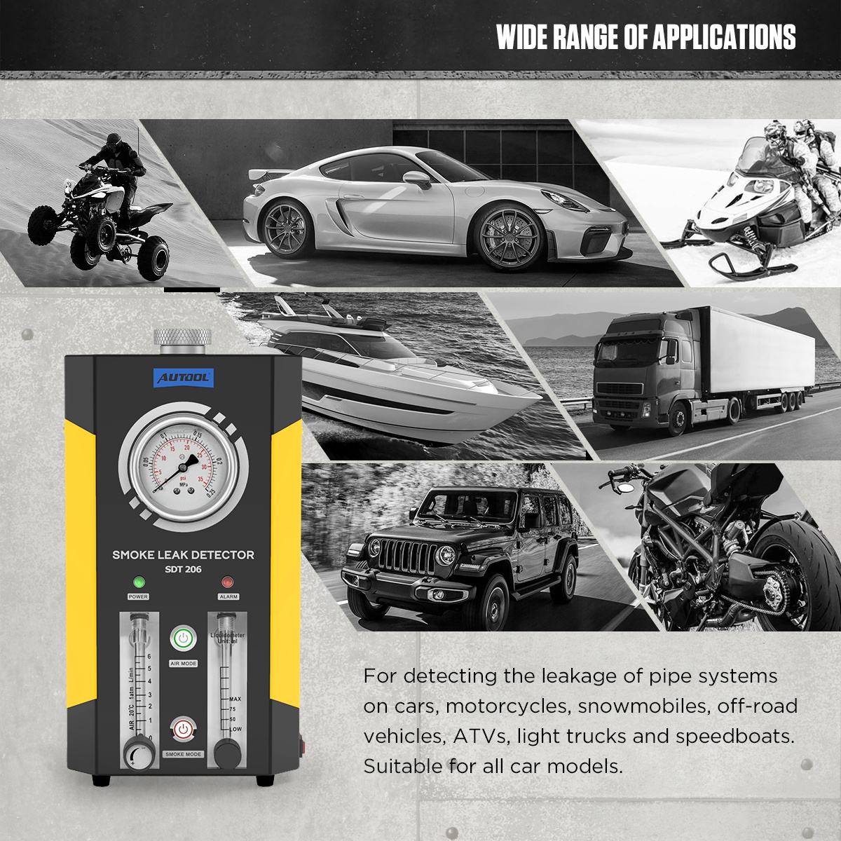 AUTOOL SDT206 wide range of applications for cars motorcycles snowmobiles off-road vehicles ATVs light trucks and speedboats