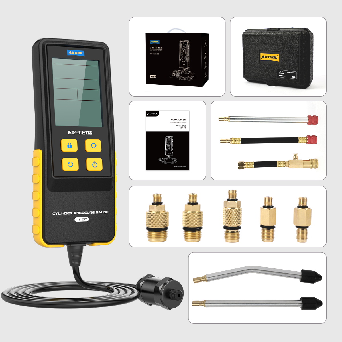 AUTOOL PT610 packing list with cylinder pressure gauge retail box carrying case manual connecting lines adapters and bent and straight test lines