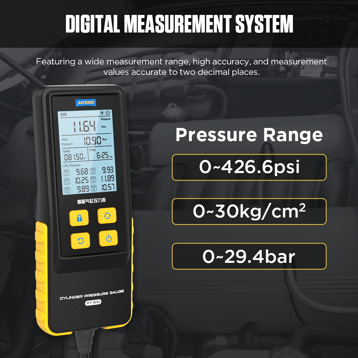 AUTOOL PT610 digital measurement system with pressure range 0 to 426.6 psi 0 to 30 kg per cm2 and 0 to 29.4 bar