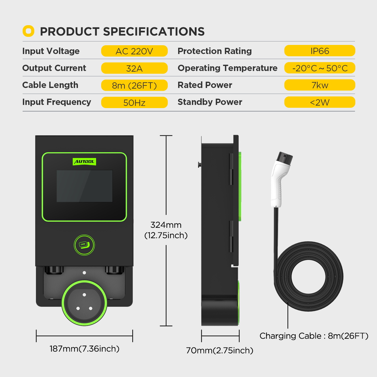 AUTOOL C701 product specifications image showing AC 220V, 32A, 8m cable, 50Hz, IP66, -20°C to 50°C, 7KW, standby power under 2W, and 324 by 187 by 70mm size