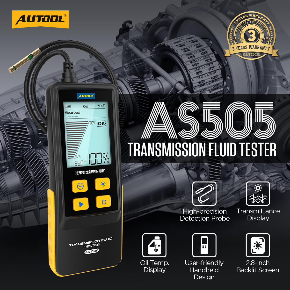 AUTOOL AS505 transmission fluid tester main product image showing optical probe transmittance display oil temperature display handheld design and 2.8-inch backlit screen
