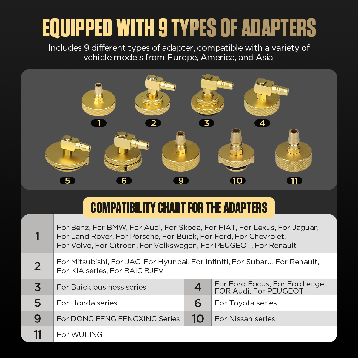 AUTOOL AST612 nine adapters and vehicle compatibility image
