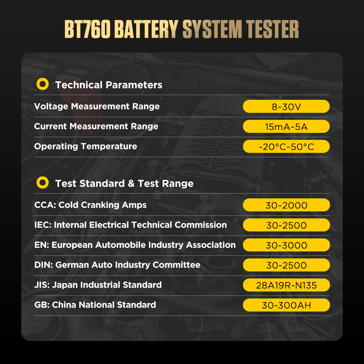 AUTOOL BT760 technical parameters voltage current operating temperature and test standard range