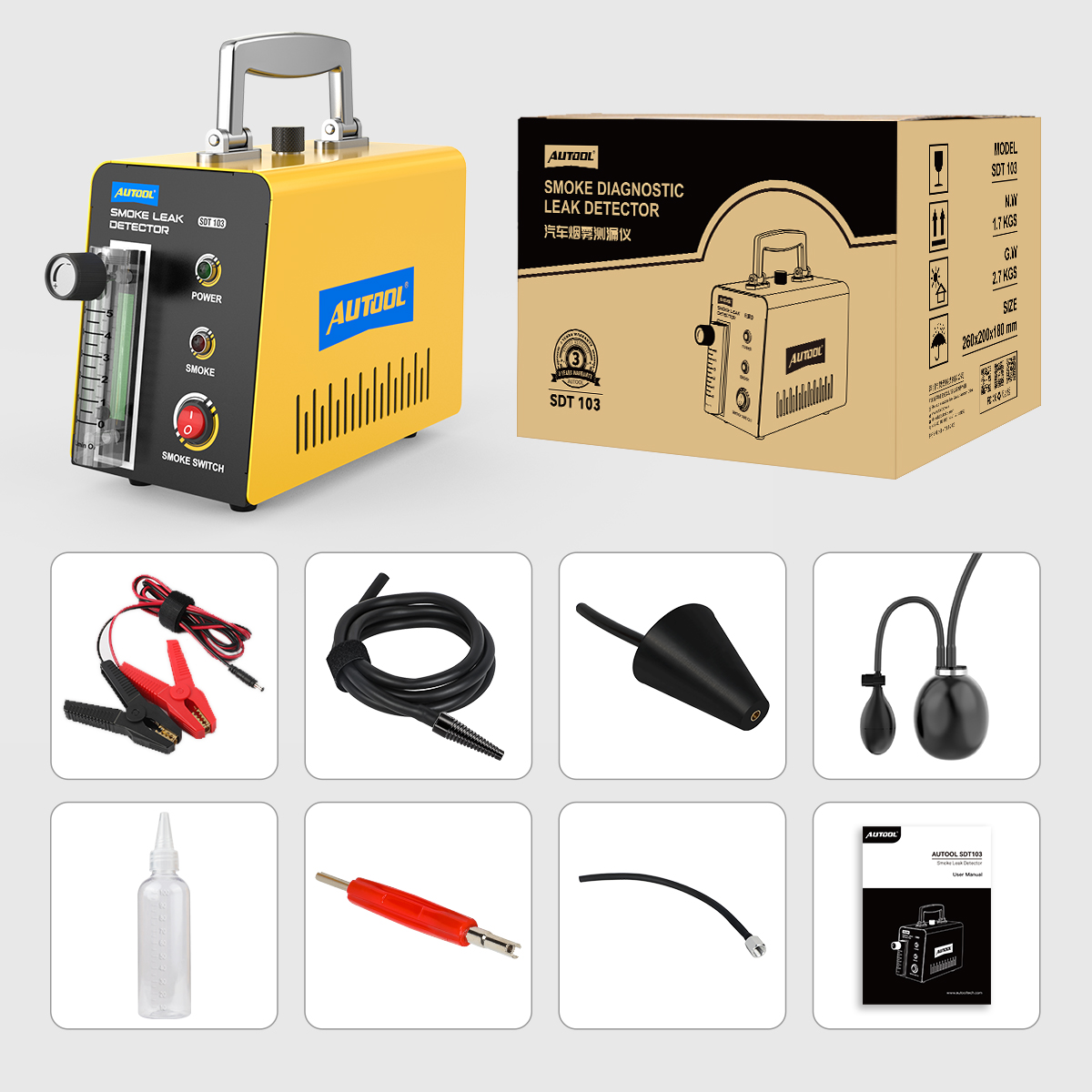 AUTOOL SDT103 packing list showing smoke leak detector retail box battery clamp cable smoke hose cone adapter intake airbag adapter empty oil bottle red connector short hose and manual
