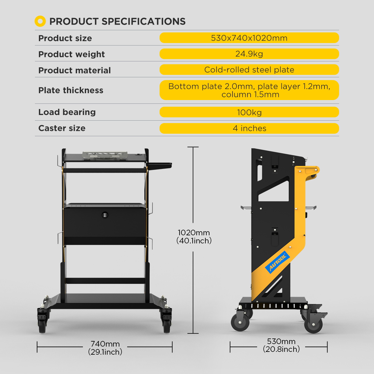 AUTOOL T23 product specifications including size weight material thickness load capacity and caster size