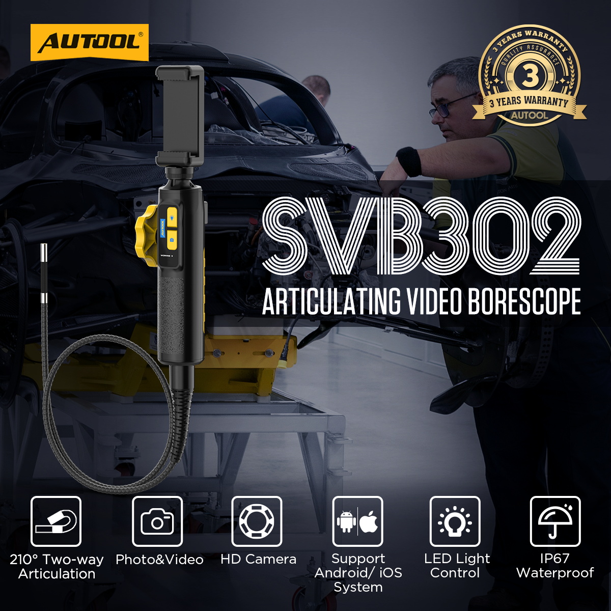 AUTOOL SVB302 articulating video borescope with 210 degree two-way articulation phone display LED light control and IP67 camera probe