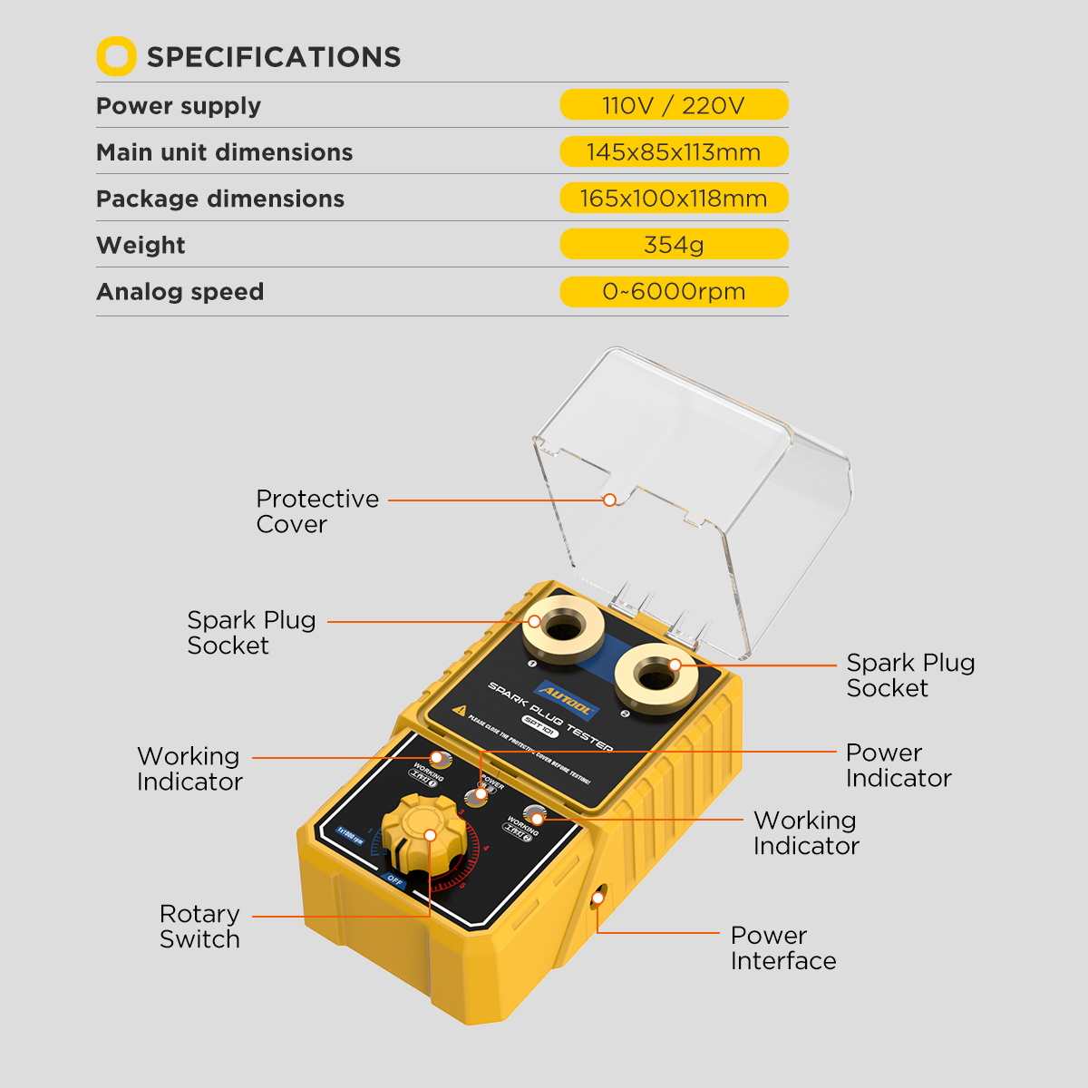 AUTOOL SPT101 specifications and product structure diagram