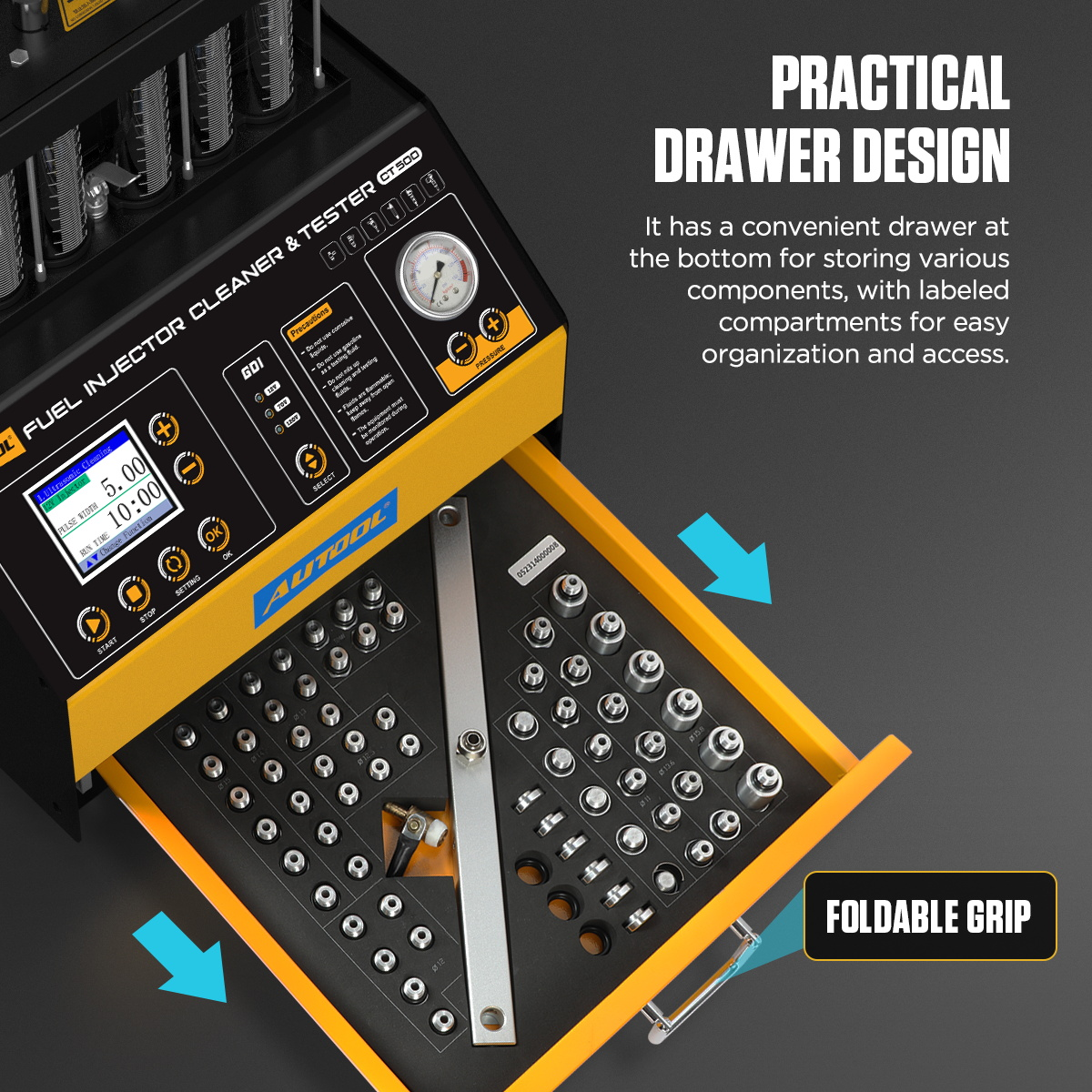 AUTOOL CT500 practical drawer design for accessory storage