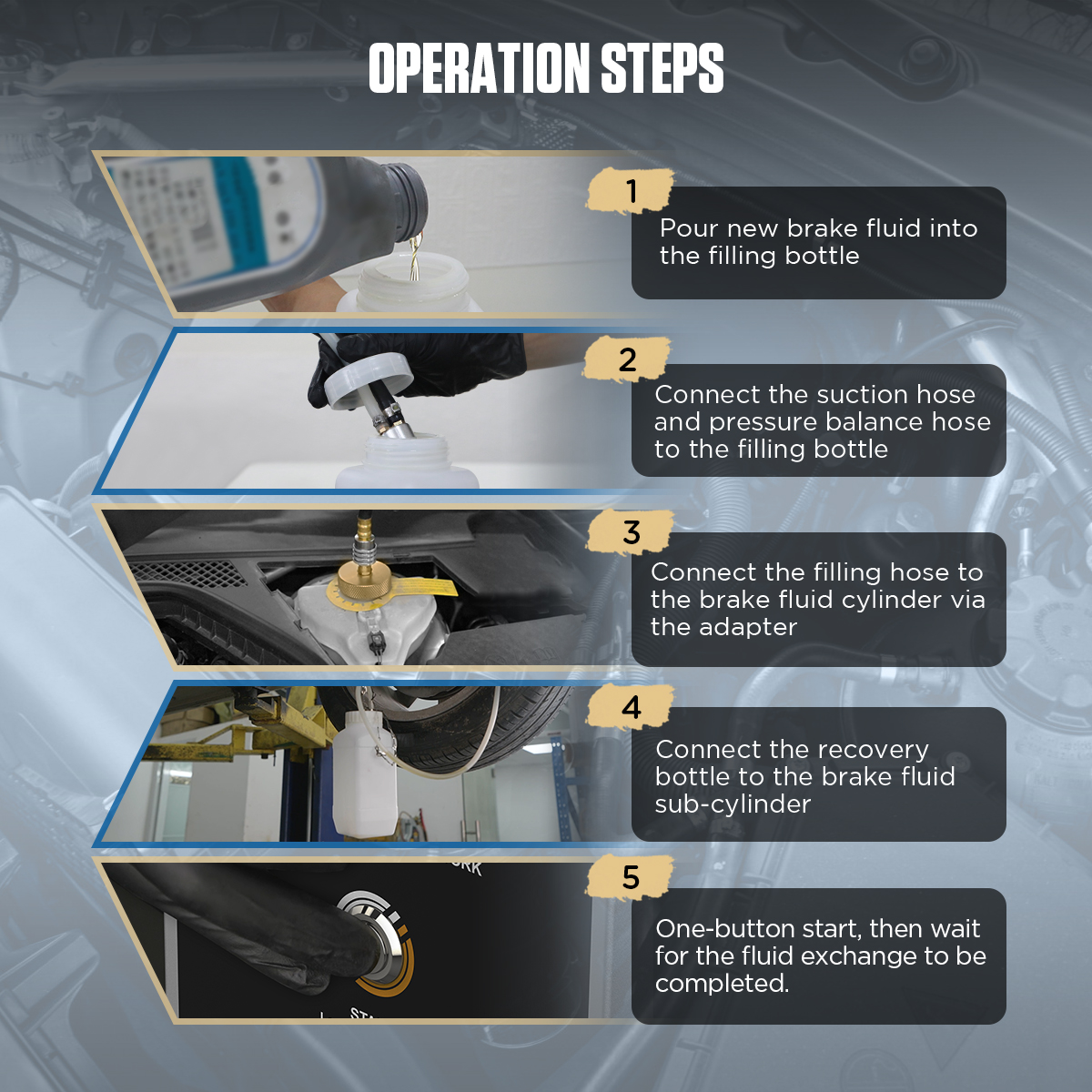 AUTOOL AST609 operation steps for pouring new brake fluid connecting hoses connecting adapter connecting recovery bottle and starting exchange