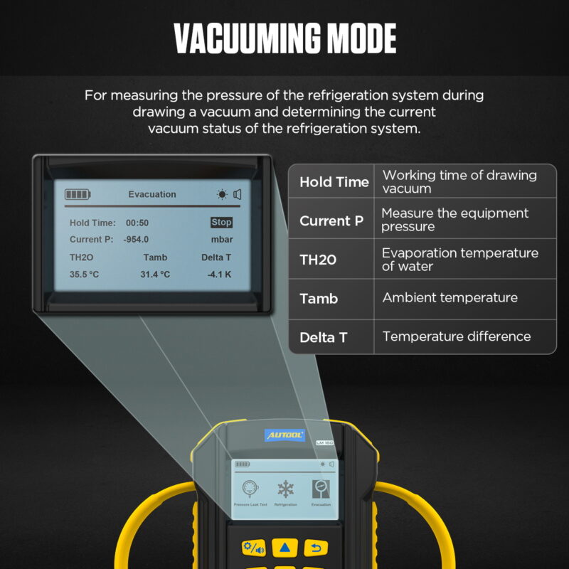AUTOOL LM160 vacuuming mode screen and vacuum status explanation