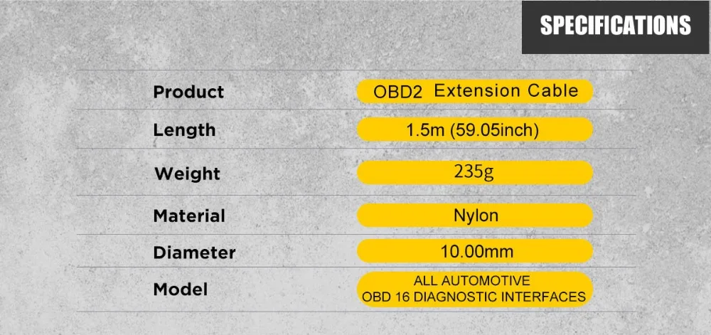 AUTOOL OBD2 extension cable specifications including length weight material diameter and model compatibility