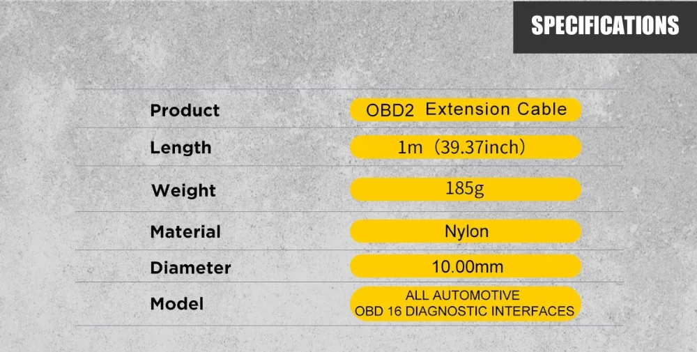 AUTOOL OBD2 extension cable specification image showing length weight material diameter and OBD16 model compatibility